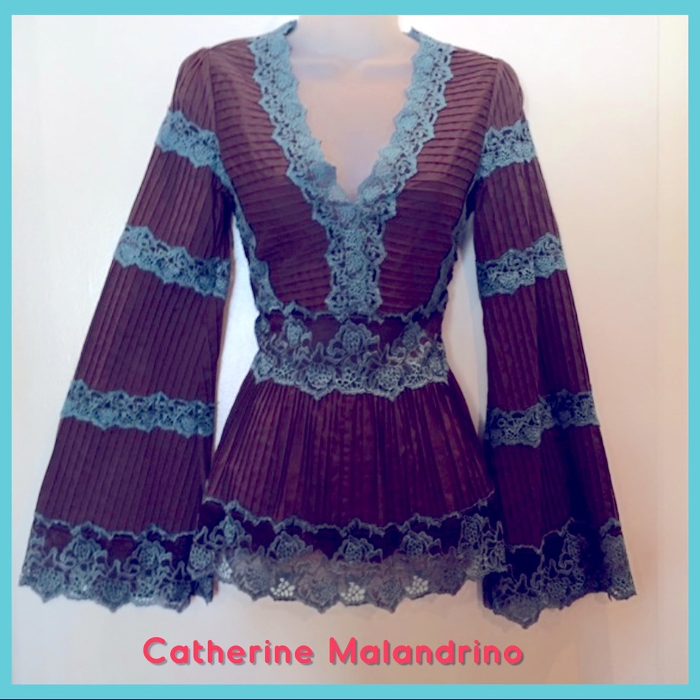 Catherine Malandrino LS top Cotton  & lace sz P